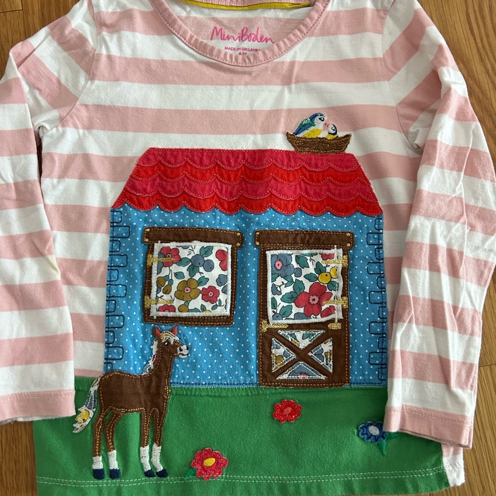 Mini Boden Pink Striped Long Sleeve with Colorful House and Animal Design